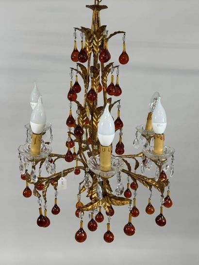 Six-arm brass chandelier with foliate decoration...