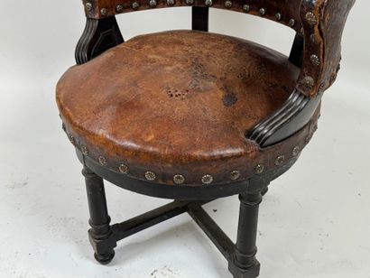 Desk armchair in blackened wood, leather...