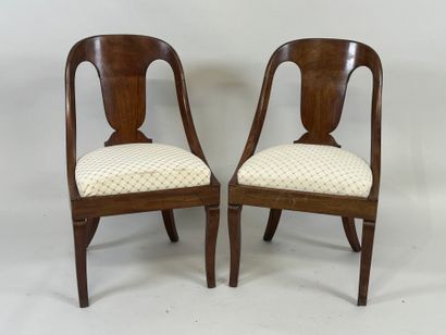 Pair of mahogany veneered chairs, fabric...