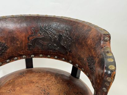 Desk armchair in blackened wood, leather...