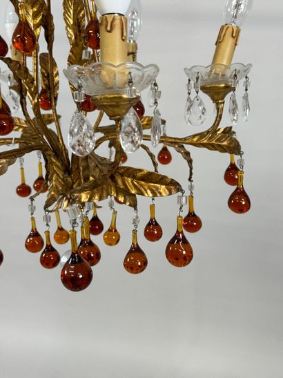 Six-arm brass chandelier with foliate decoration...