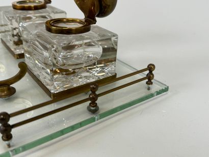 Double crystal and brass inkwell with two...