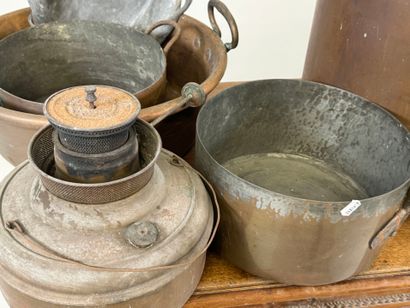 Lot de cuivres comprenant bassinoire, casseroles...