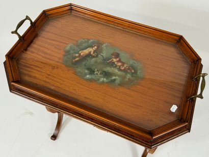 Small tea table, lyre base, top decorated...