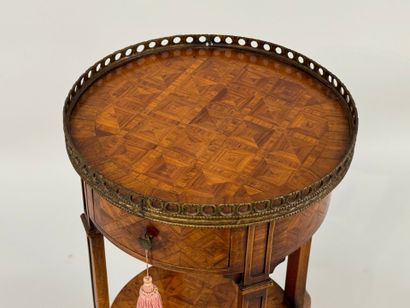 Round bedside table in wood and inlaid veneer,...