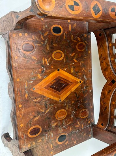 Large armchair in carved wood and wood marquetry,...