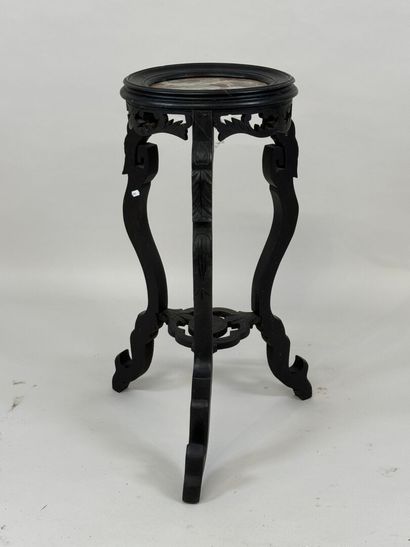 Turned, carved and blackened wood tripod...