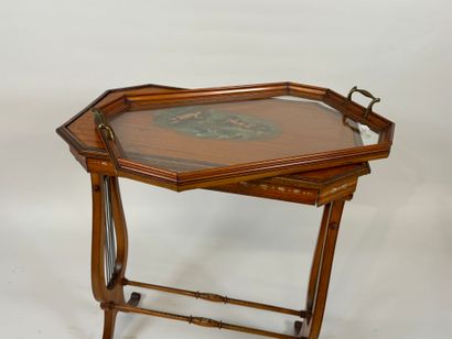 Small tea table, lyre base, top decorated...