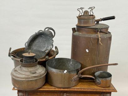 Lot de cuivres comprenant bassinoire, casseroles...