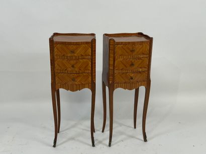 Pair of small inlaid bedside tables opening...