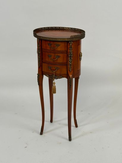 Oval-shaped bedside table in wood and inlaid-style...