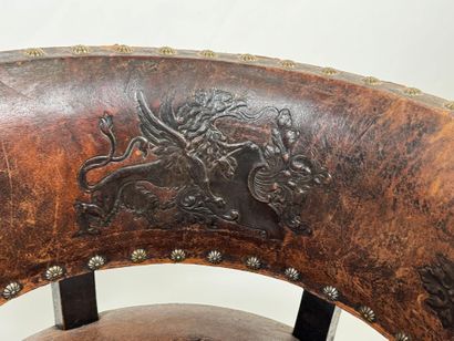 Desk armchair in blackened wood, leather...