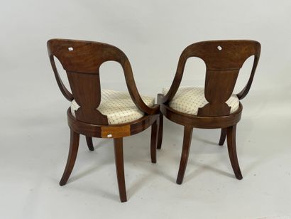 Pair of mahogany veneered chairs, fabric...