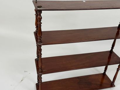 Four-tier mahogany wall shelf with turned...