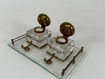 Double crystal and brass inkwell with two...