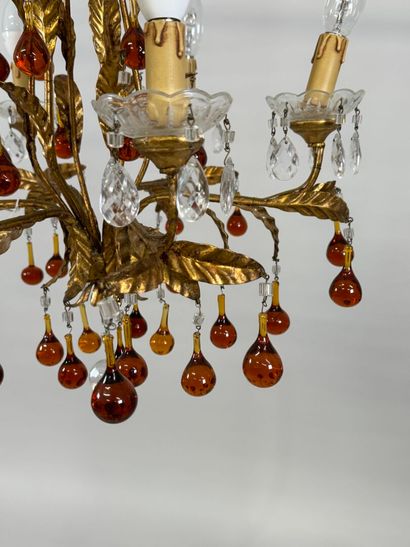 Six-arm brass chandelier with foliate decoration...