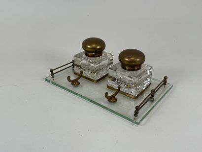 Double crystal and brass inkwell with two...