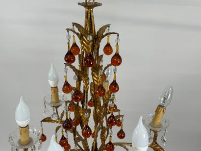 Six-arm brass chandelier with foliate decoration...