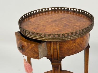 Round bedside table in wood and inlaid veneer,...