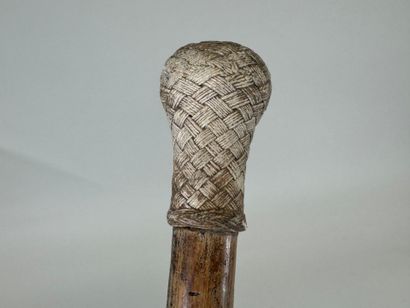 Wooden cane, braided rope knob, metal and...