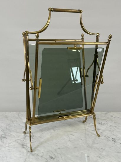 Magazine rack in brass and smoked glass,...