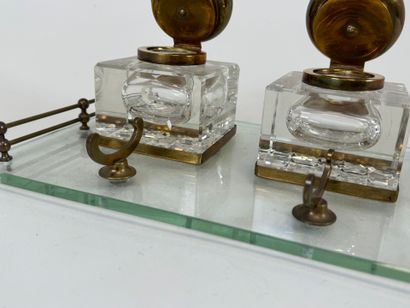 Double crystal and brass inkwell with two...