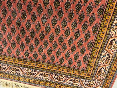 Hand-knotted wool rug with stylized motifs...