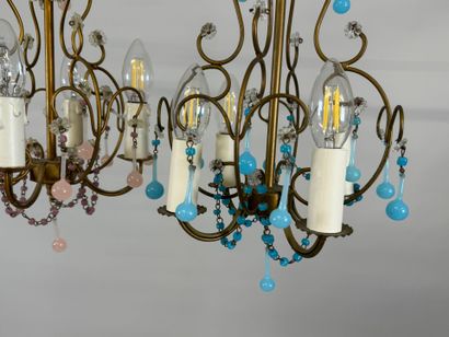 Two gilded metal chandeliers with blue and...
