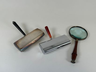 Set of two metal crumb trays and a wooden...