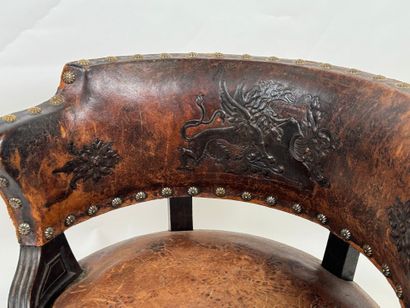 Desk armchair in blackened wood, leather...