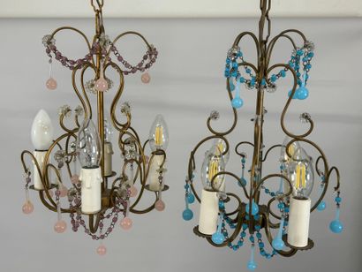 Two gilded metal chandeliers with blue and...