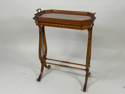 Small tea table, lyre base, top decorated...