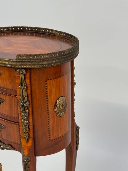 Oval-shaped bedside table in wood and inlaid-style...