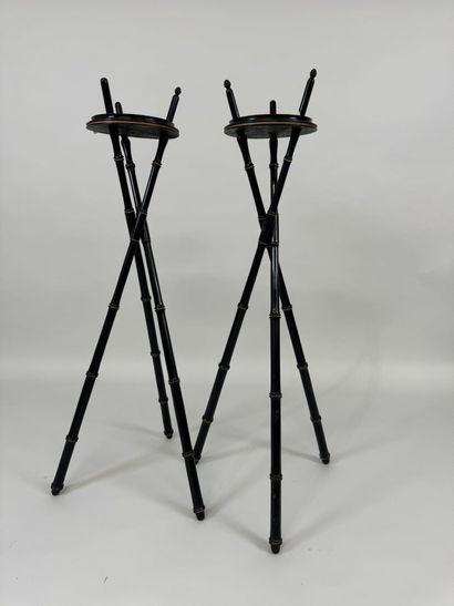 Pair of tripod pot holders in turned and...