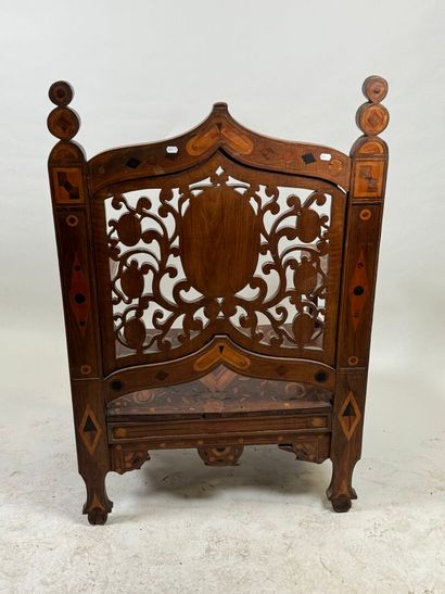 Large armchair in carved wood and wood marquetry,...