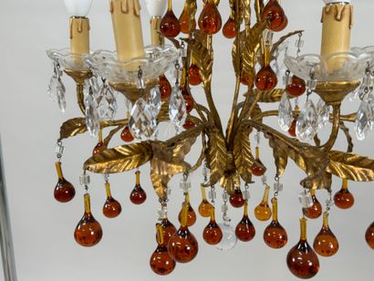 Six-arm brass chandelier with foliate decoration...