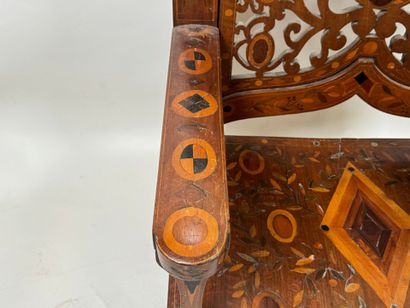 Large armchair in carved wood and wood marquetry,...