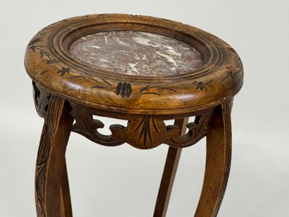 Small molded and carved wood sellette, marble...