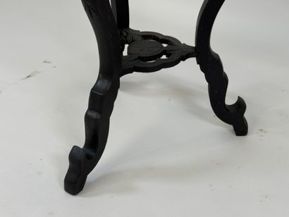 Turned, carved and blackened wood tripod...