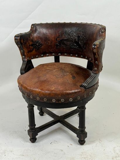 Desk armchair in blackened wood, leather...