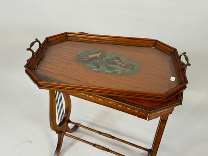 Small tea table, lyre base, top decorated...