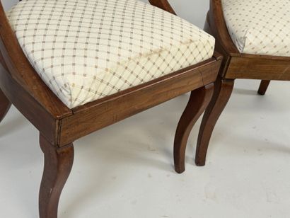 Pair of mahogany veneered chairs, fabric...