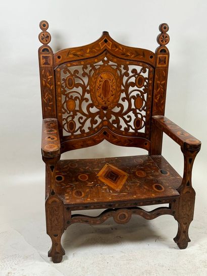 Large armchair in carved wood and wood marquetry,...