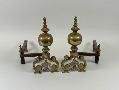 Paire de chenets en laiton et fonte à décor...