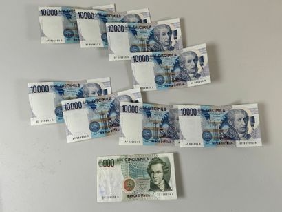 Lot de huit billets de 10.000 lires et un...