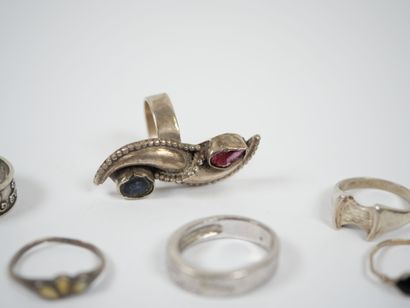 Set of 15 rings in sterling silver with heart,...