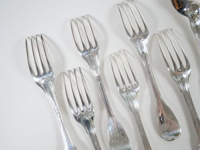 Set of six pieces of silver flatware, Coq...