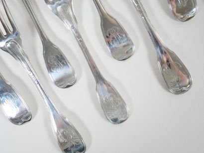 Set of six pieces of silver flatware, Coq...