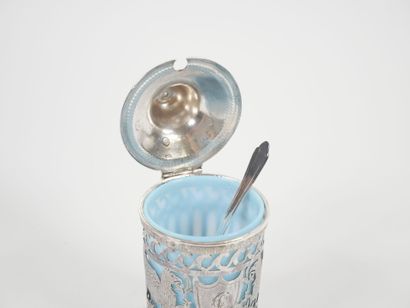Silver mustard pot, Coq hallmark, openwork...
