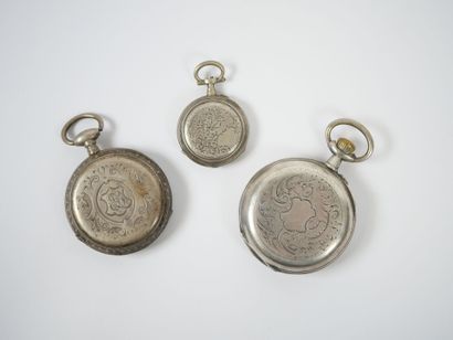 Two silver pocket watches. 
One neck watch...